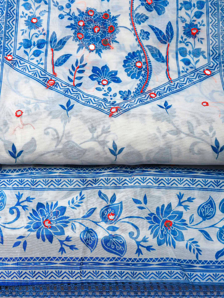 Cream Blue Printed Chanderi Unstitched Suit &amp; Pant With Chanderi Dupatta