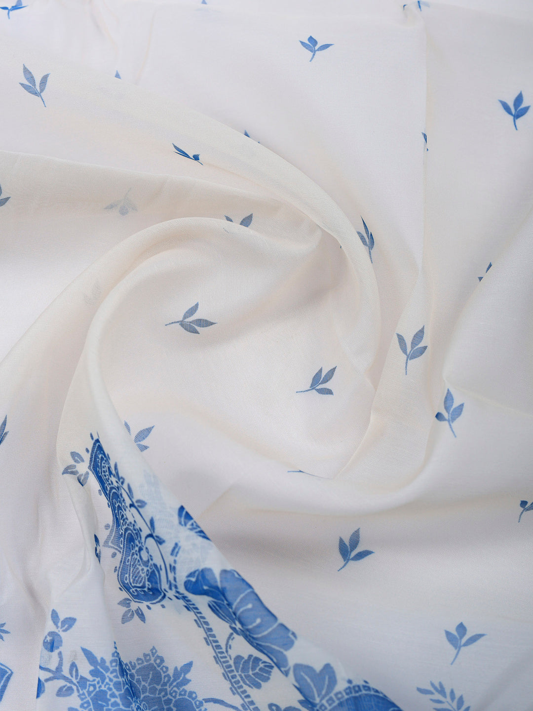 Cream Blue Printed Chanderi Unstitched Suit &amp; Pant With Chanderi Dupatta
