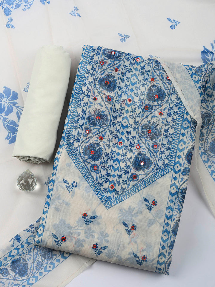 Cream Blue Printed Chanderi Unstitched Suit &amp; Pant With Chanderi Dupatta