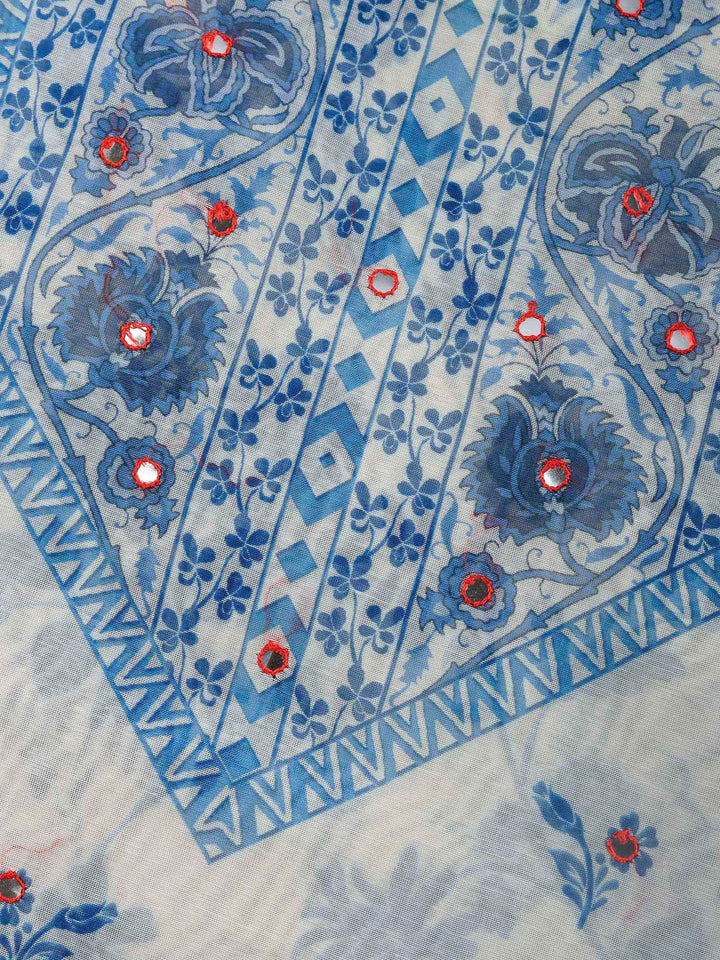 Cream Blue Printed Chanderi Unstitched Suit &amp; Pant With Chanderi Dupatta
