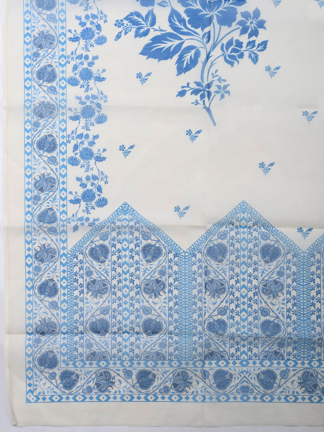 Cream Blue Printed Chanderi Unstitched Suit &amp; Pant With Chanderi Dupatta