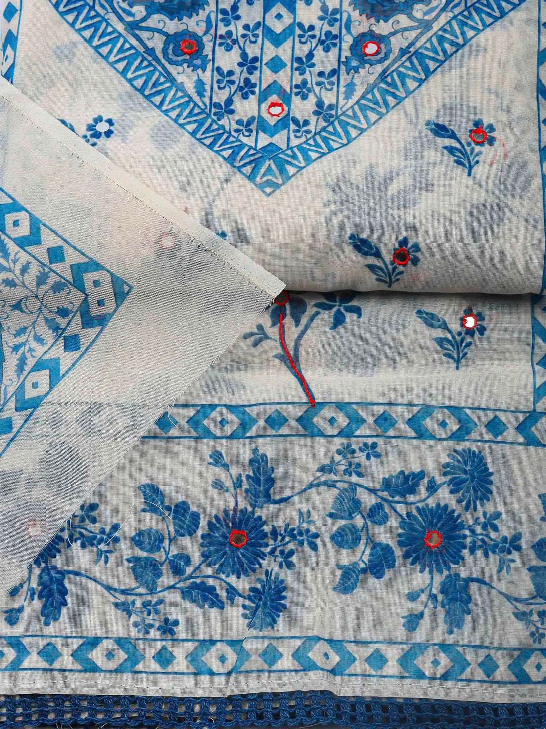 Cream Blue Printed Chanderi Unstitched Suit &amp; Pant With Chanderi Dupatta