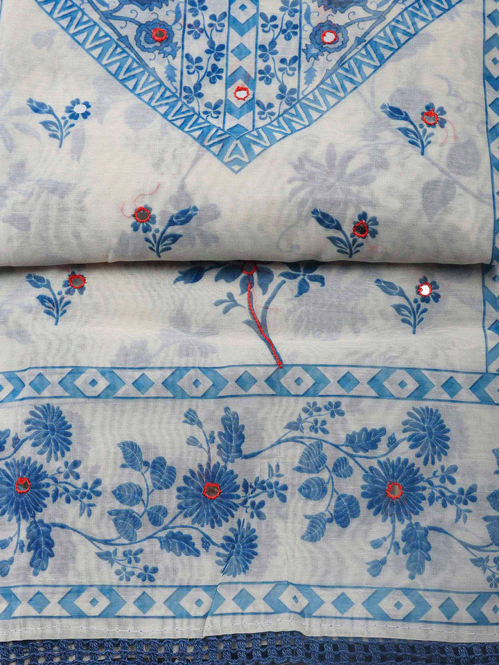 Cream Blue Printed Chanderi Unstitched Suit &amp; Pant With Chanderi Dupatta