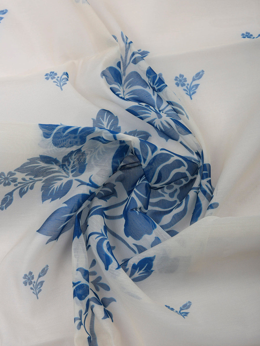 Cream Blue Printed Chanderi Unstitched Suit &amp; Pant With Chanderi Dupatta