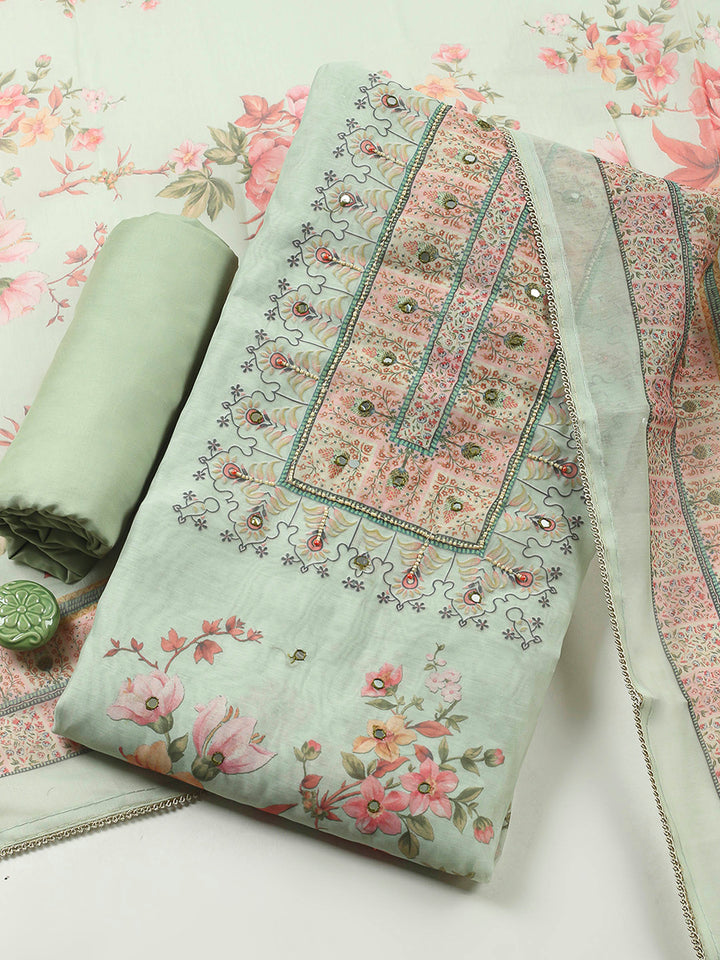 Aqua Green Printed Chanderi Unstitched Suit &amp; Pant With Chanderi Dupatta