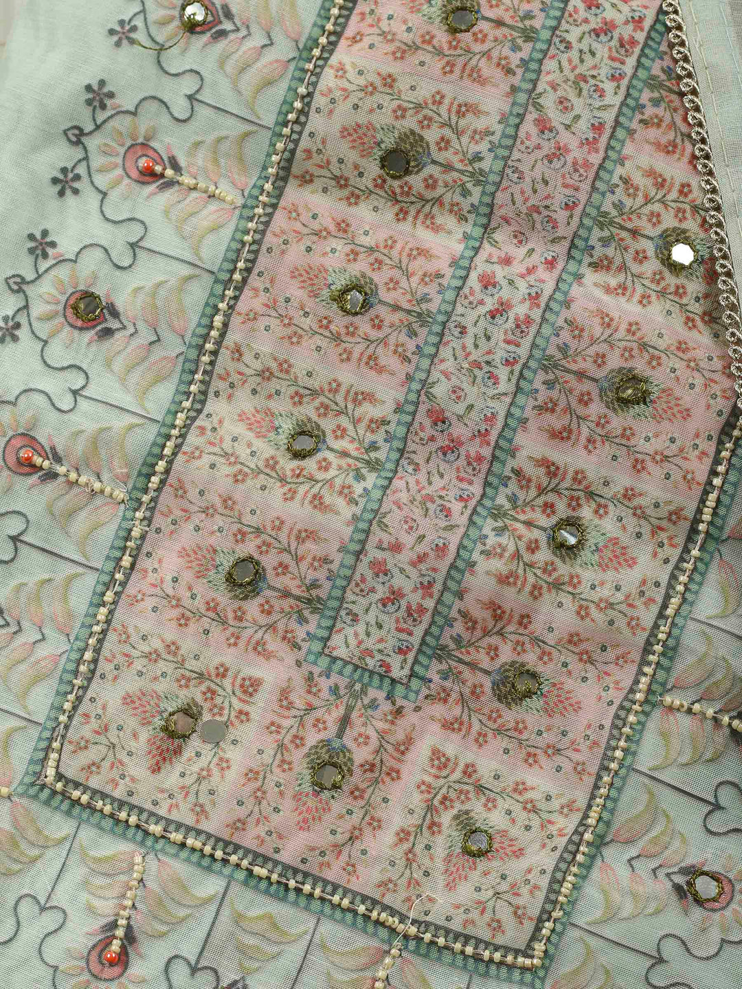 Aqua Green Printed Chanderi Unstitched Suit &amp; Pant With Chanderi Dupatta