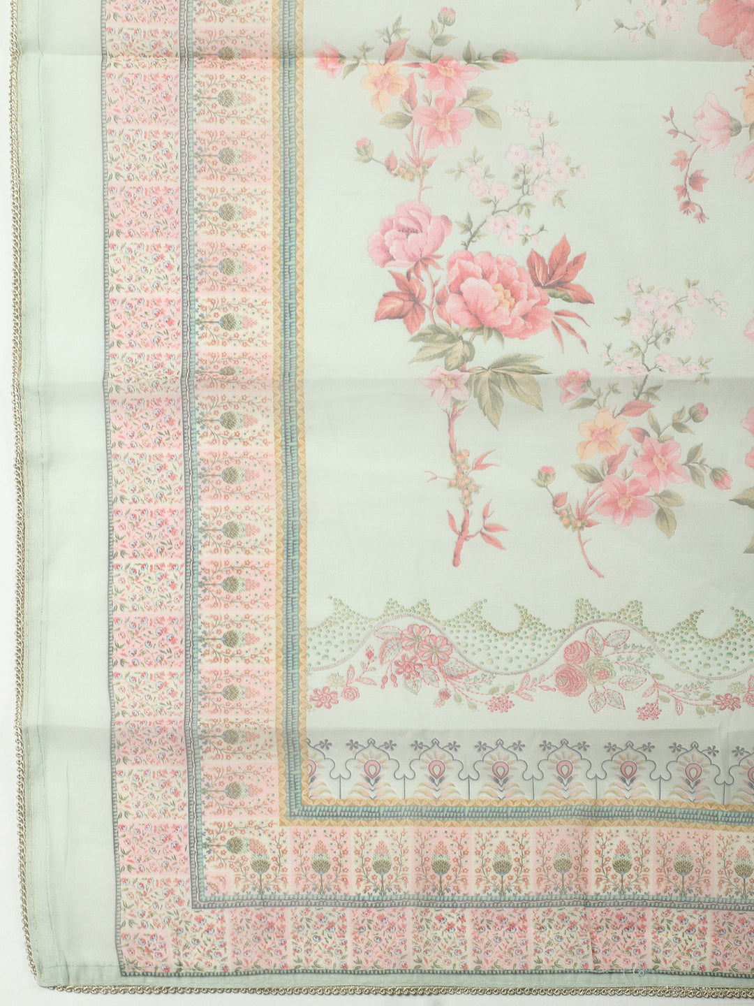Aqua Green Printed Chanderi Unstitched Suit &amp; Pant With Chanderi Dupatta