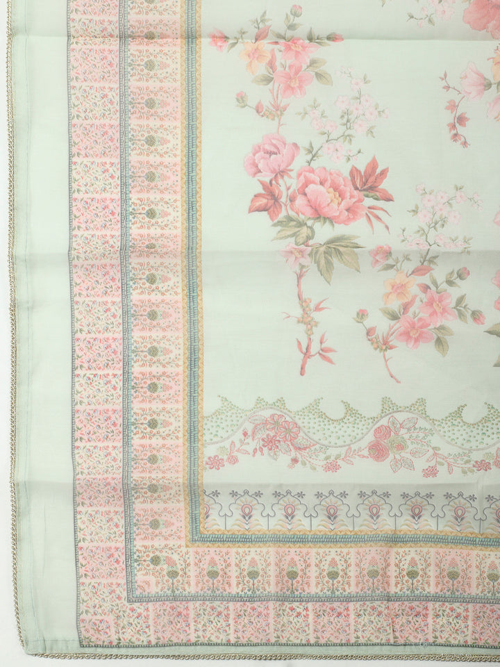 Aqua Green Printed Chanderi Unstitched Suit &amp; Pant With Chanderi Dupatta