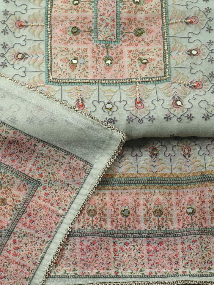Aqua Green Printed Chanderi Unstitched Suit &amp; Pant With Chanderi Dupatta