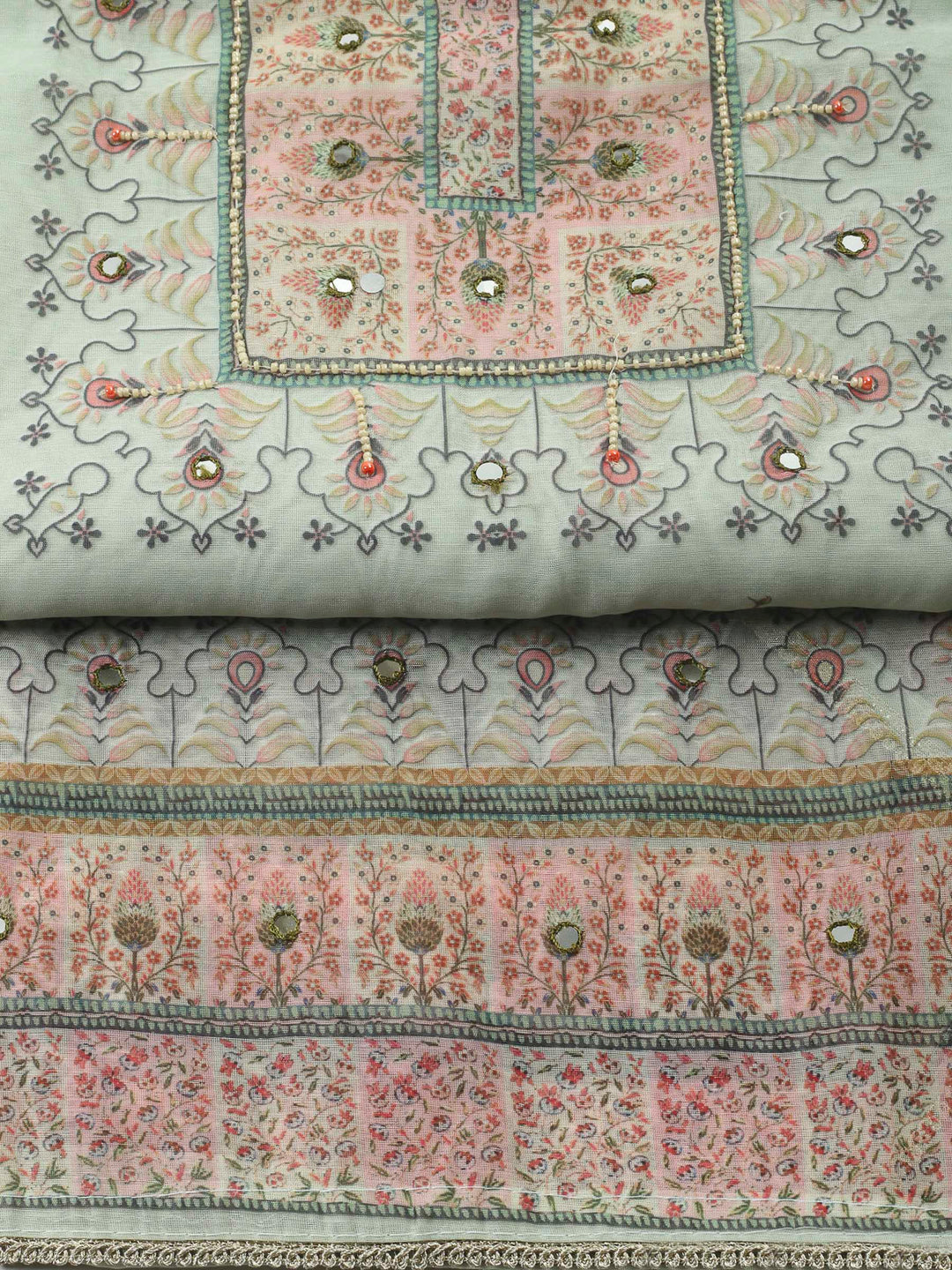 Aqua Green Printed Chanderi Unstitched Suit &amp; Pant With Chanderi Dupatta