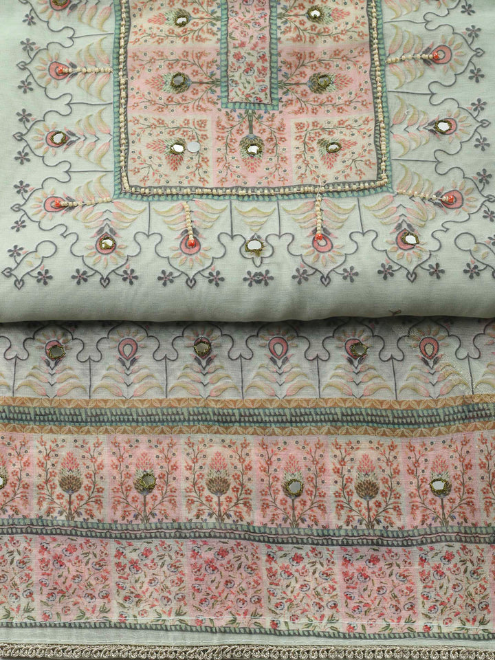 Aqua Green Printed Chanderi Unstitched Suit &amp; Pant With Chanderi Dupatta