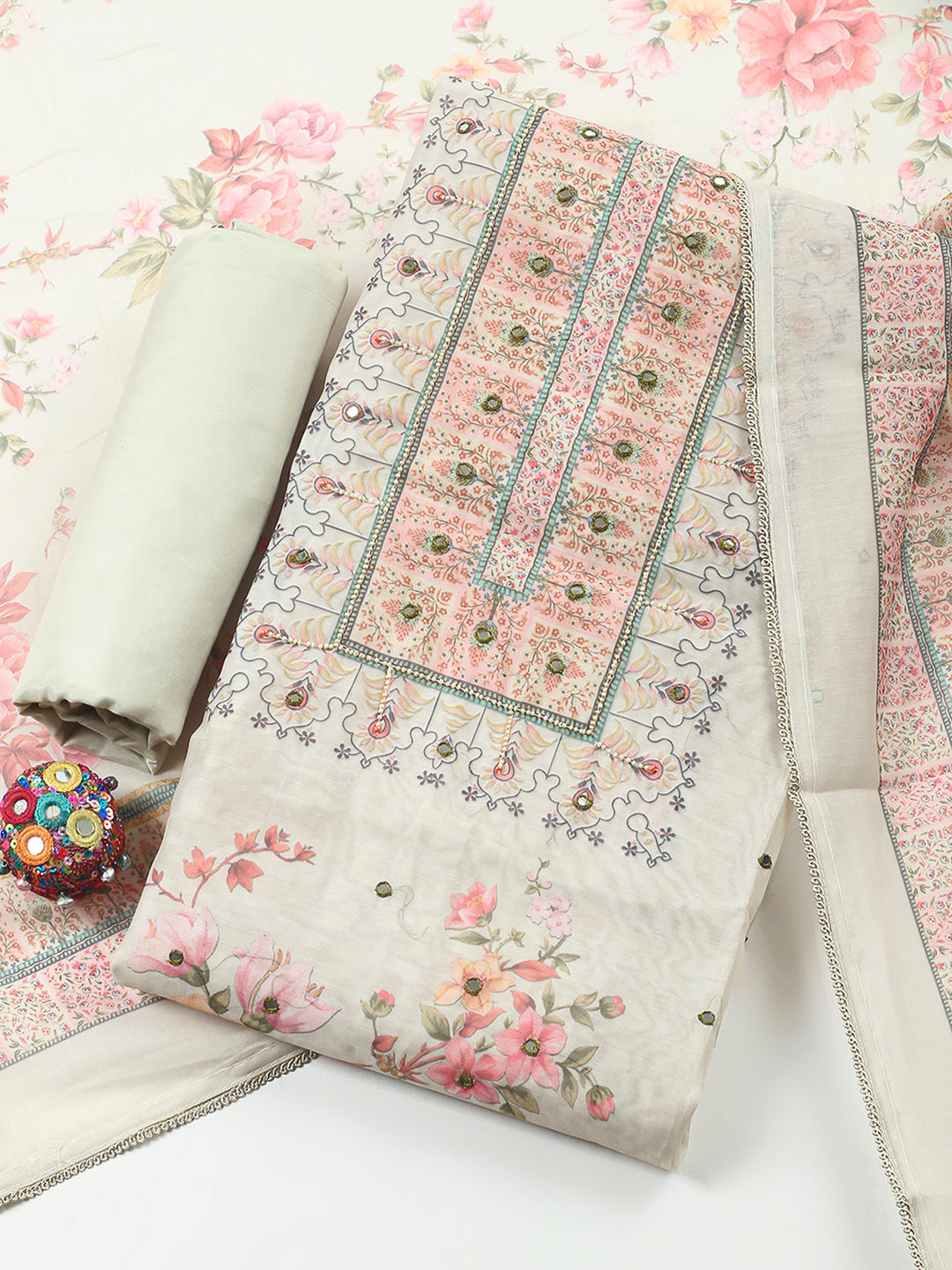 Beige Printed Chanderi Unstitched Suit &amp; Pant With Chanderi Dupatta