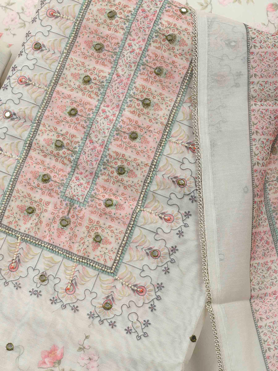 Beige Printed Chanderi Unstitched Suit &amp; Pant With Chanderi Dupatta