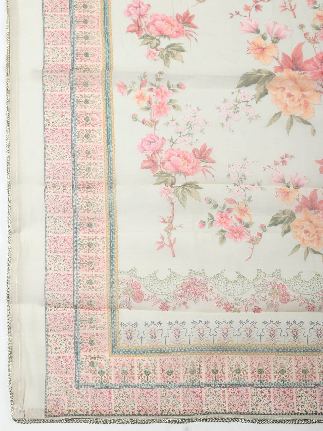 Beige Printed Chanderi Unstitched Suit &amp; Pant With Chanderi Dupatta