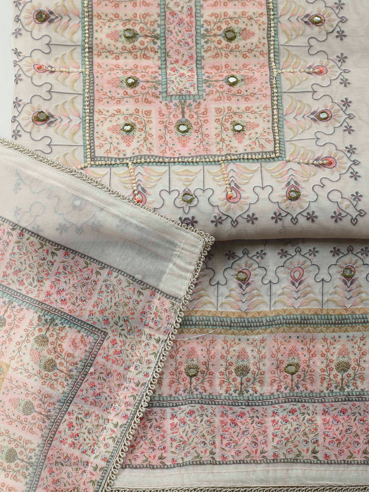 Beige Printed Chanderi Unstitched Suit &amp; Pant With Chanderi Dupatta