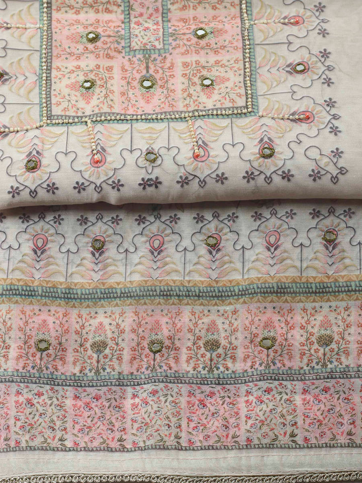 Beige Printed Chanderi Unstitched Suit &amp; Pant With Chanderi Dupatta