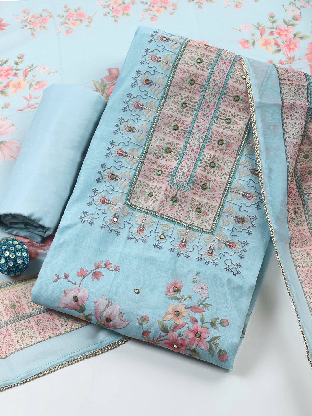 Grey Blue Printed Chanderi Unstitched Suit &amp; Pant With Chanderi Dupatta