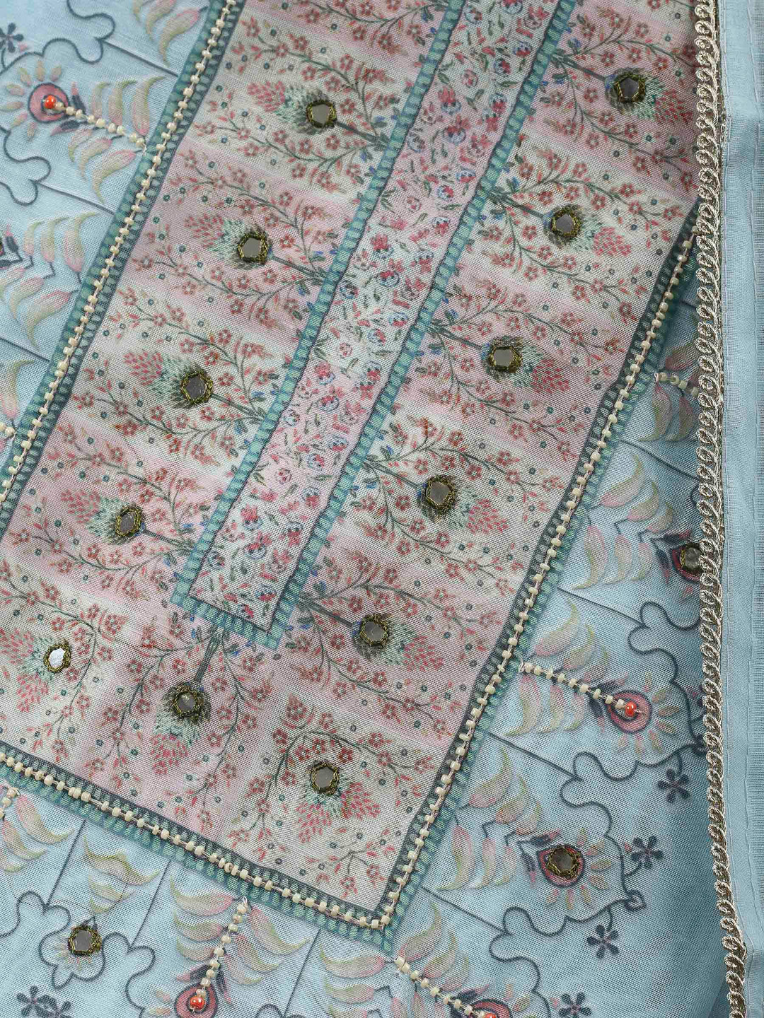 Grey Blue Printed Chanderi Unstitched Suit &amp; Pant With Chanderi Dupatta