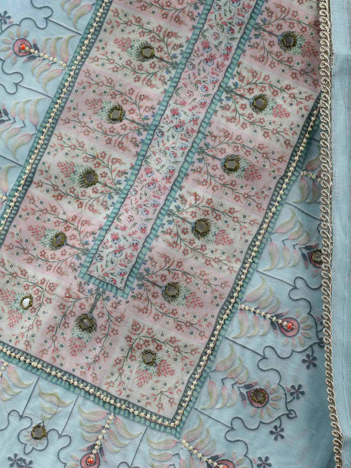 Grey Blue Printed Chanderi Unstitched Suit &amp; Pant With Chanderi Dupatta