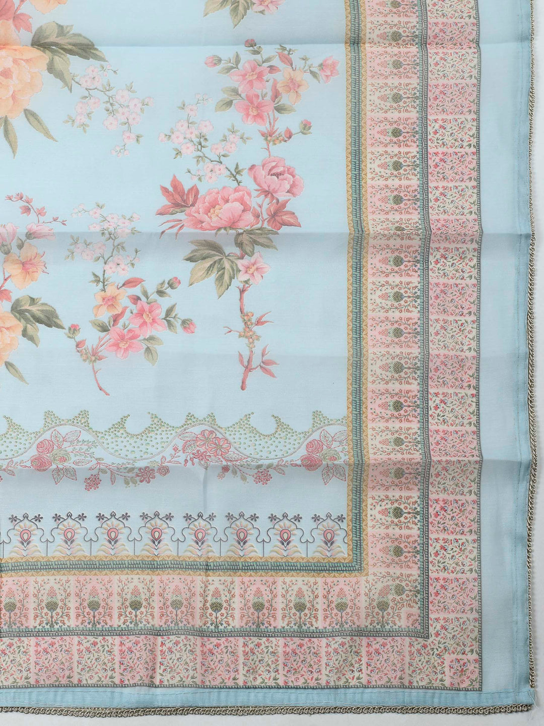 Grey Blue Printed Chanderi Unstitched Suit &amp; Pant With Chanderi Dupatta