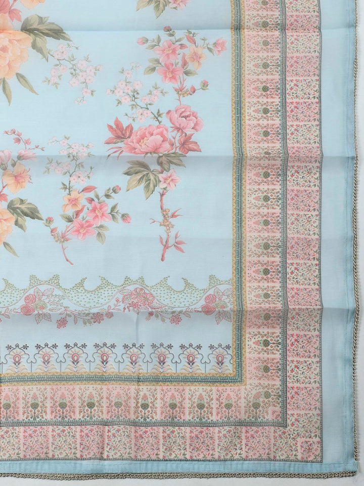 Grey Blue Printed Chanderi Unstitched Suit &amp; Pant With Chanderi Dupatta