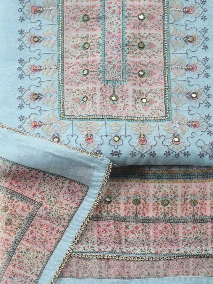 Grey Blue Printed Chanderi Unstitched Suit &amp; Pant With Chanderi Dupatta