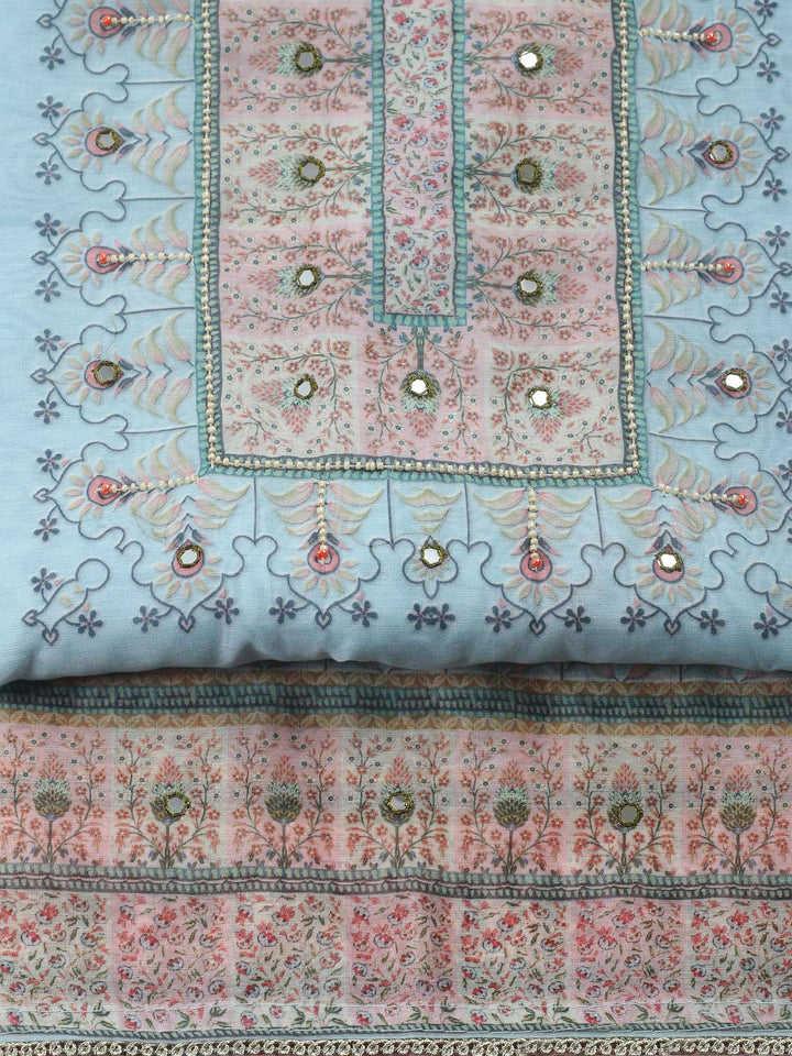 Grey Blue Printed Chanderi Unstitched Suit &amp; Pant With Chanderi Dupatta
