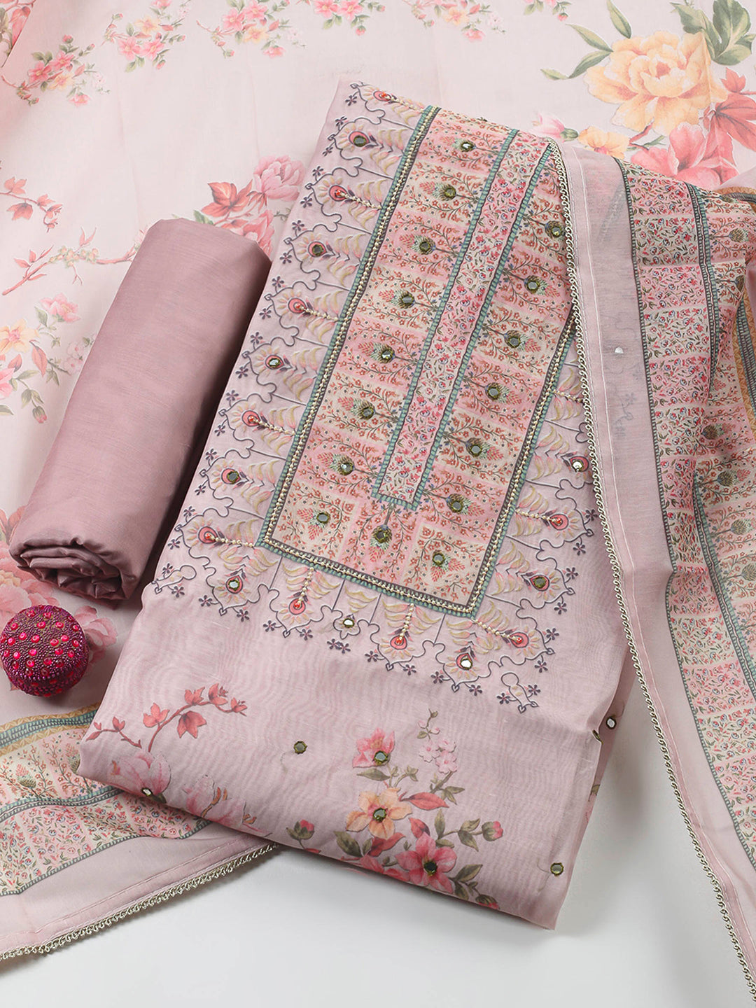Peach Printed Chanderi Unstitched Suit &amp; Pant With Chanderi Dupatta