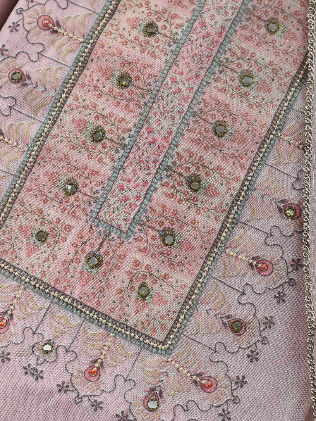 Peach Printed Chanderi Unstitched Suit &amp; Pant With Chanderi Dupatta