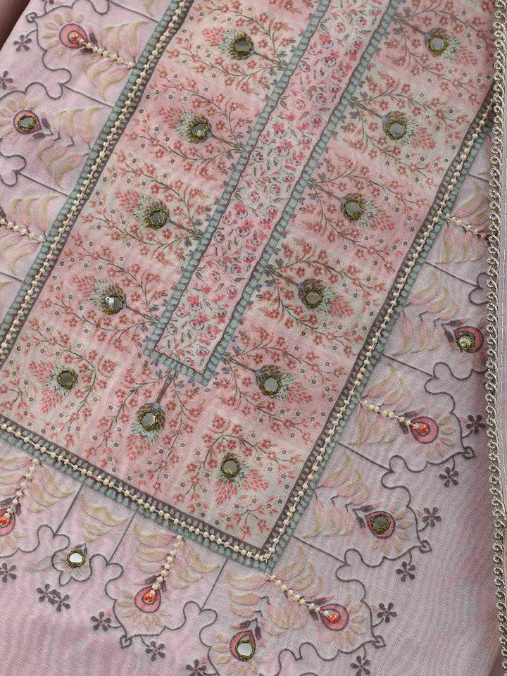 Peach Printed Chanderi Unstitched Suit &amp; Pant With Chanderi Dupatta