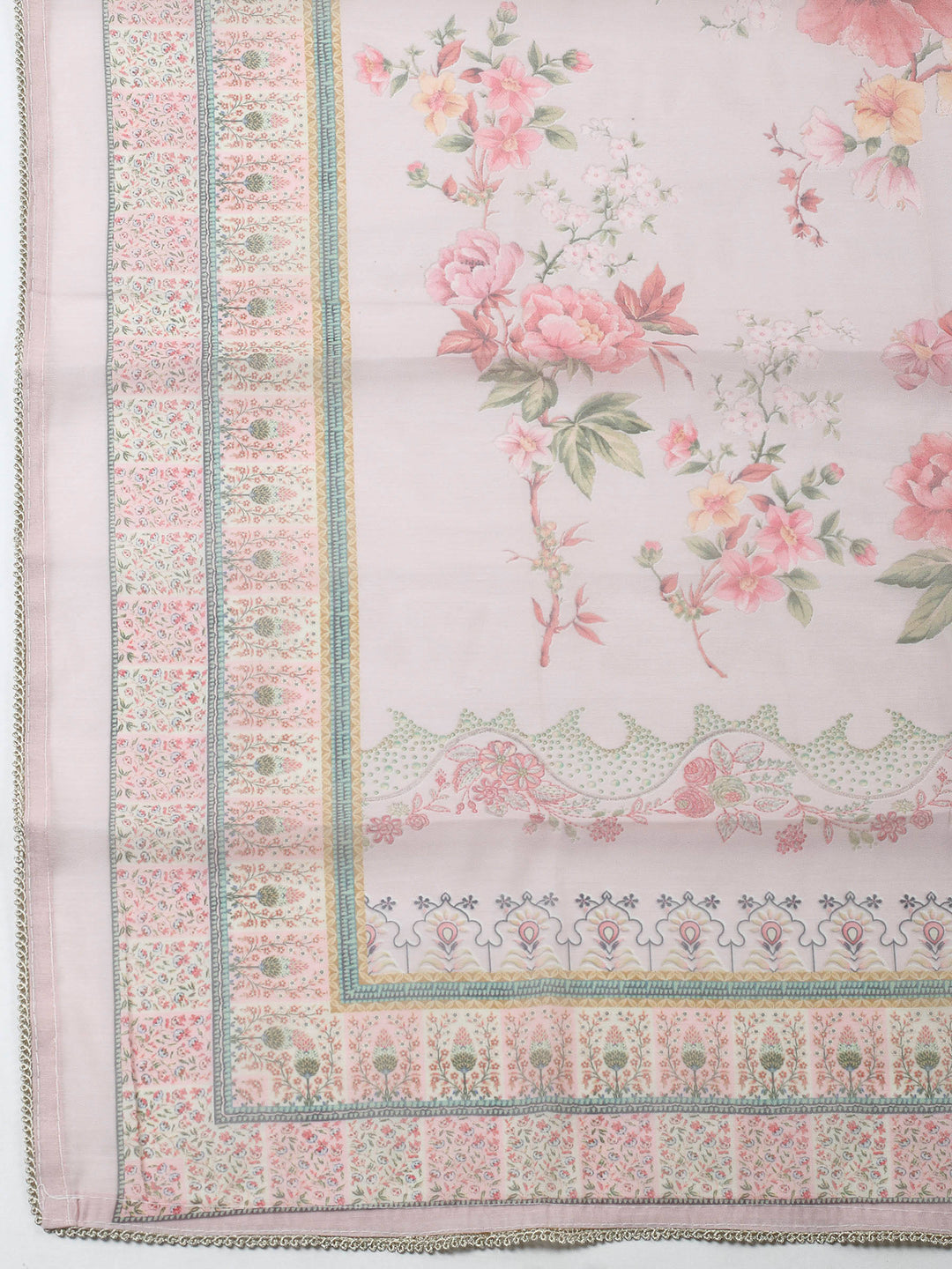 Peach Printed Chanderi Unstitched Suit &amp; Pant With Chanderi Dupatta