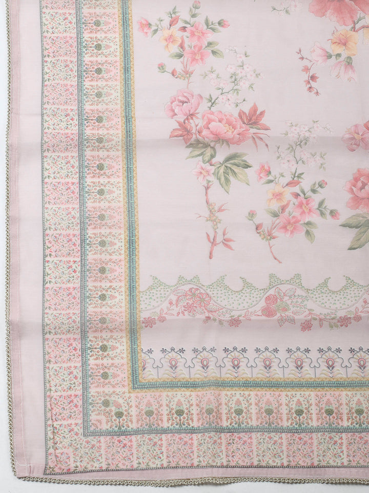 Peach Printed Chanderi Unstitched Suit &amp; Pant With Chanderi Dupatta