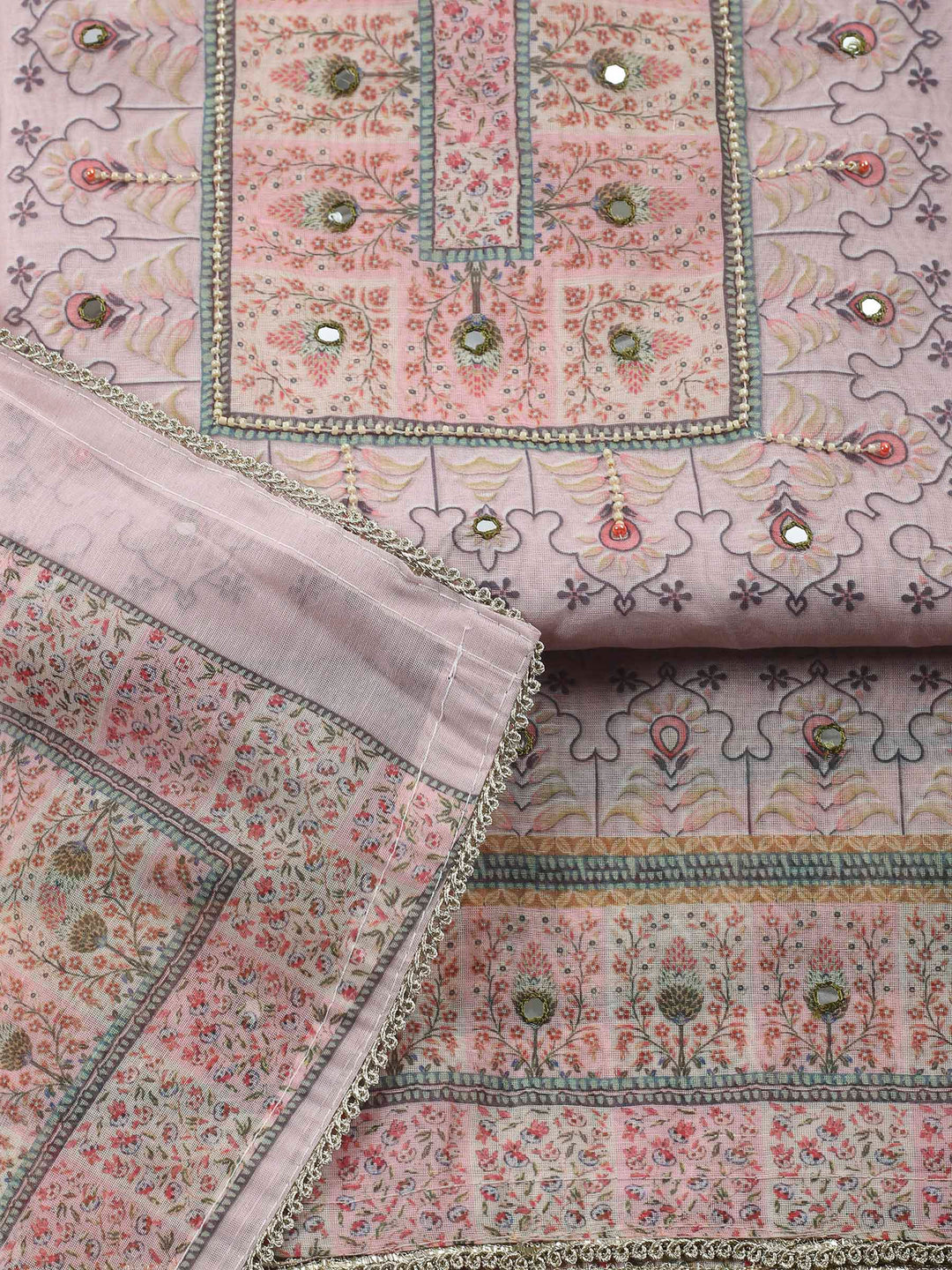 Peach Printed Chanderi Unstitched Suit &amp; Pant With Chanderi Dupatta
