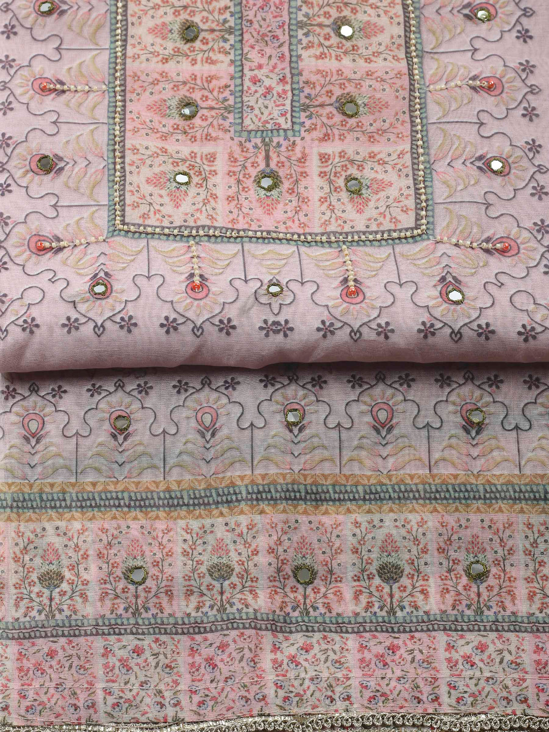 Peach Printed Chanderi Unstitched Suit &amp; Pant With Chanderi Dupatta