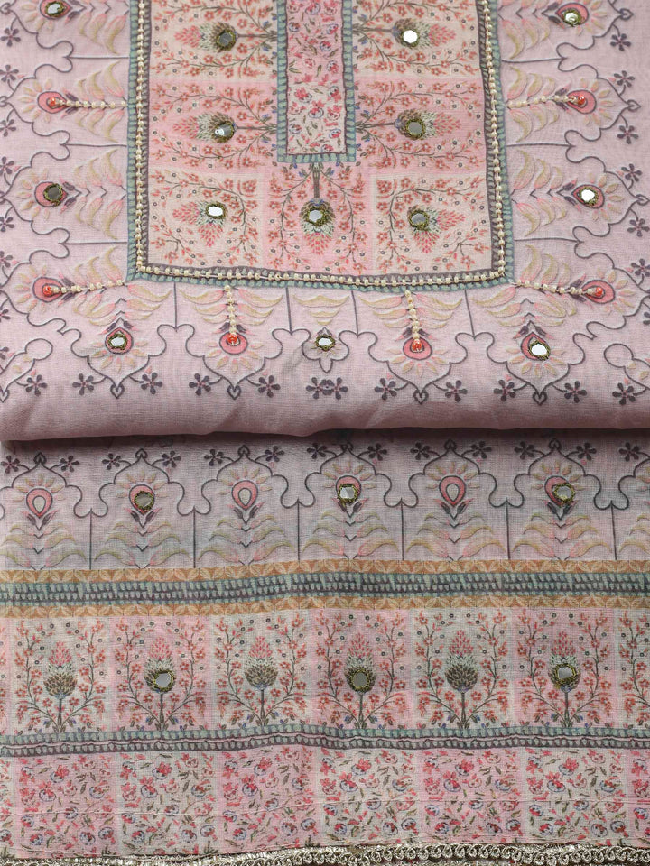 Peach Printed Chanderi Unstitched Suit &amp; Pant With Chanderi Dupatta