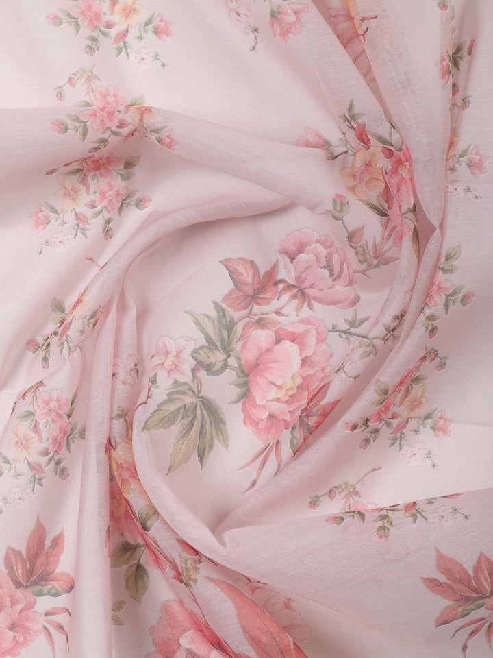 Peach Printed Chanderi Unstitched Suit &amp; Pant With Chanderi Dupatta
