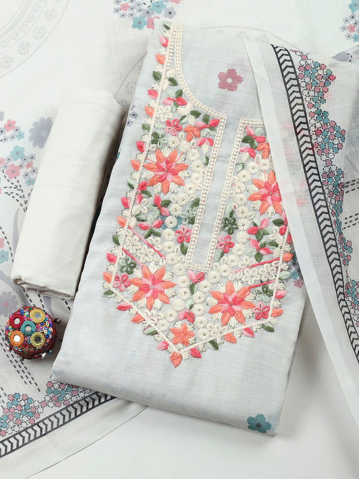 Off White Embroidered Chanderi Unstitched Suit &amp; Pant With Chanderi Dupatta