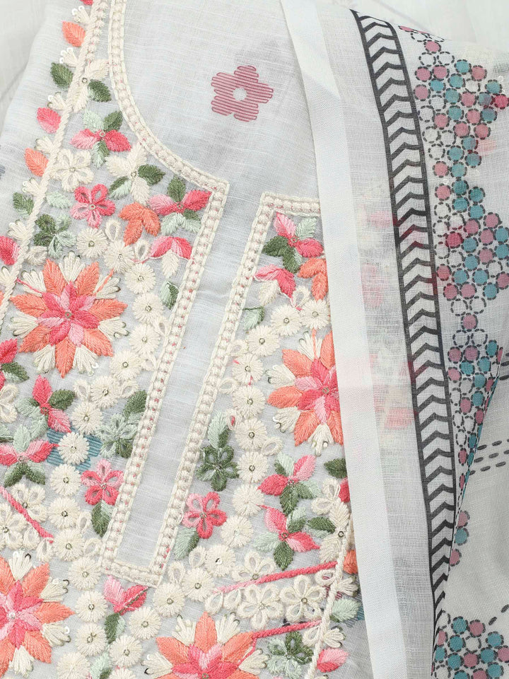 Off White Embroidered Chanderi Unstitched Suit &amp; Pant With Chanderi Dupatta