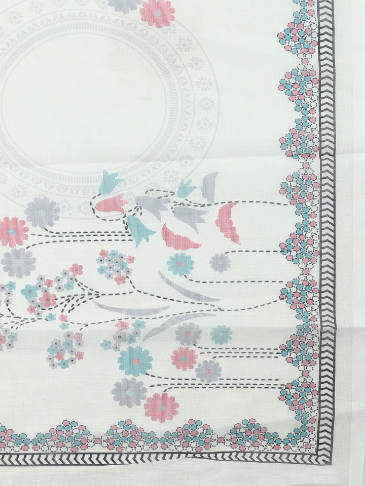 Off White Embroidered Chanderi Unstitched Suit &amp; Pant With Chanderi Dupatta