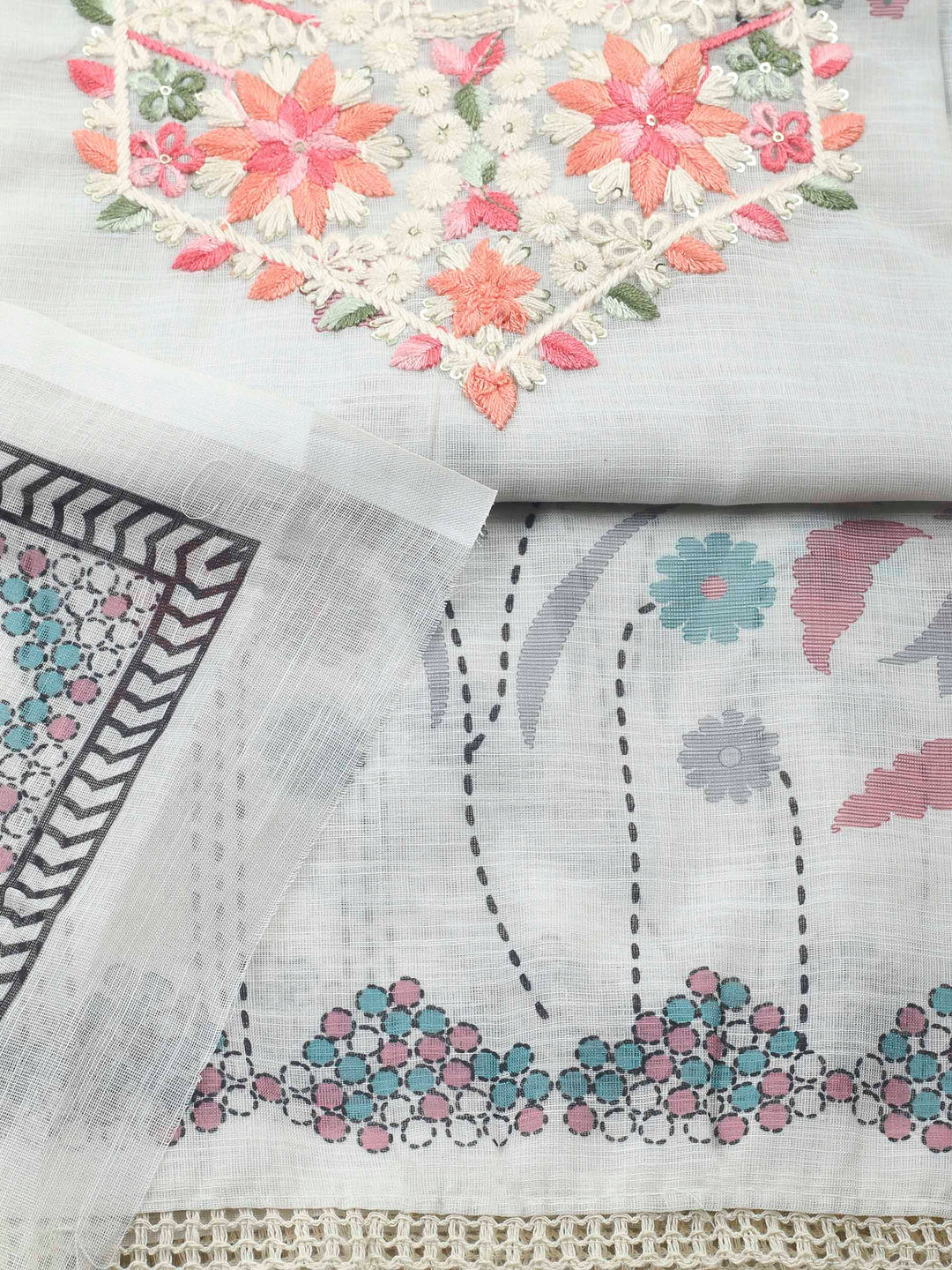 Off White Embroidered Chanderi Unstitched Suit &amp; Pant With Chanderi Dupatta