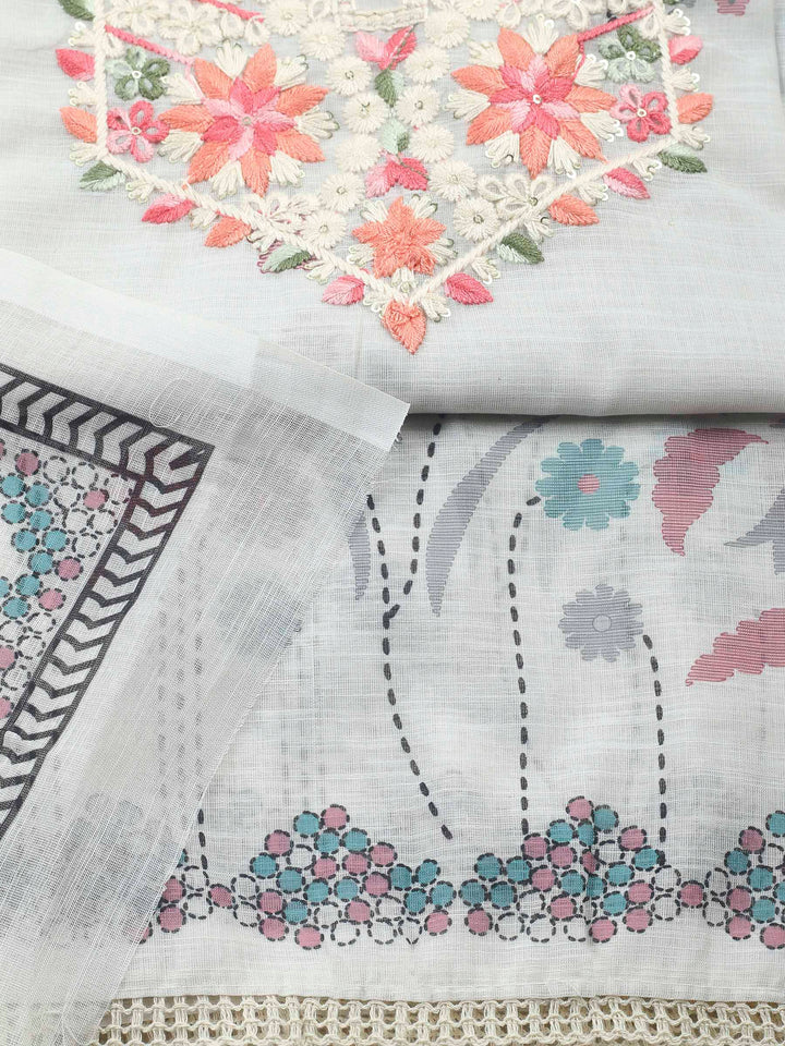 Off White Embroidered Chanderi Unstitched Suit &amp; Pant With Chanderi Dupatta