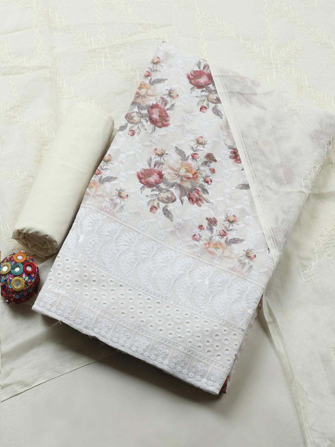 Cream Printed Cotton Blend Unstitched Suit &amp; Pant With Cotton Dupatta