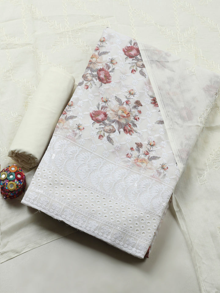 Cream Printed Cotton Blend Unstitched Suit &amp; Pant With Cotton Dupatta