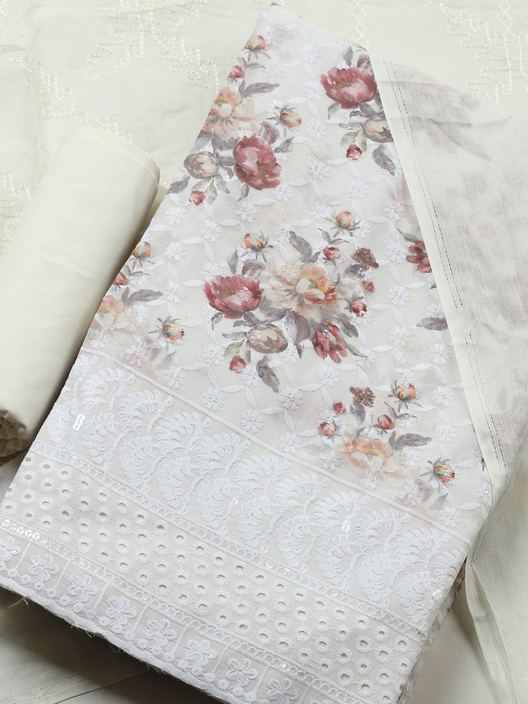 Cream Printed Cotton Blend Unstitched Suit &amp; Pant With Cotton Dupatta