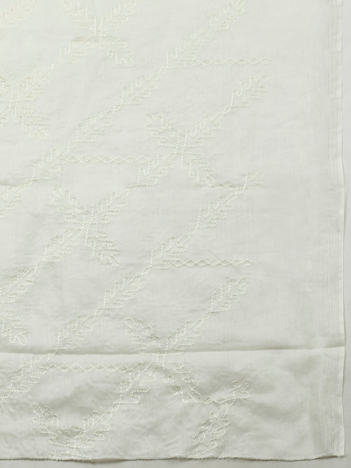 Cream Printed Cotton Blend Unstitched Suit &amp; Pant With Cotton Dupatta