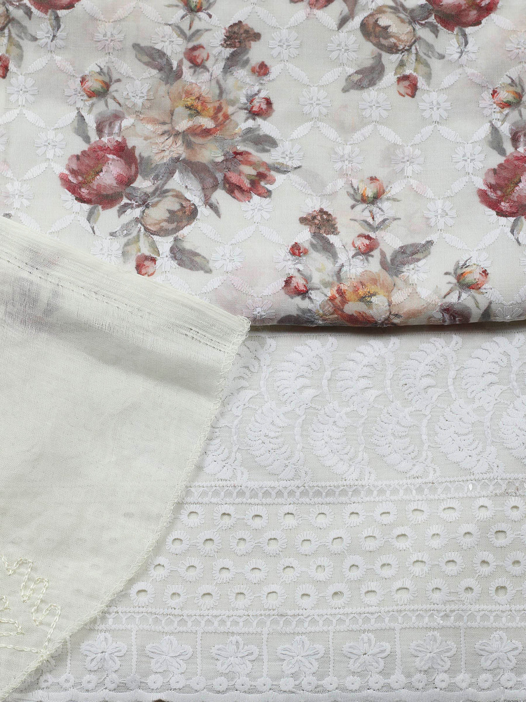 Cream Printed Cotton Blend Unstitched Suit &amp; Pant With Cotton Dupatta