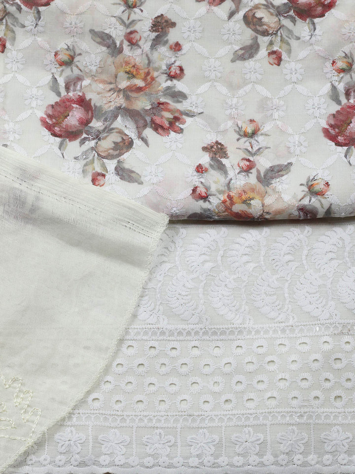 Cream Printed Cotton Blend Unstitched Suit &amp; Pant With Cotton Dupatta