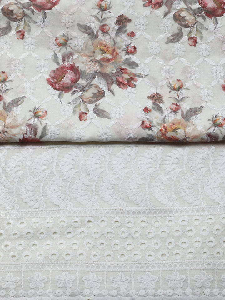 Cream Printed Cotton Blend Unstitched Suit &amp; Pant With Cotton Dupatta
