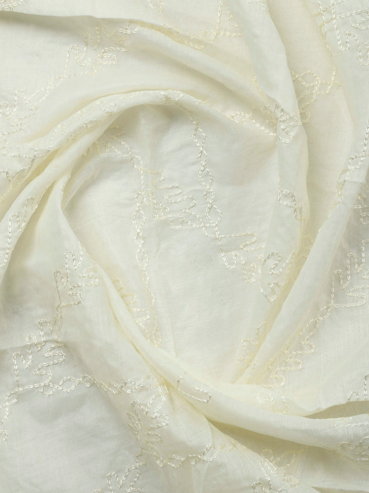 Cream Printed Cotton Blend Unstitched Suit &amp; Pant With Cotton Dupatta