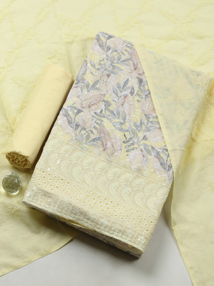 Lemon Printed Cotton Blend Unstitched Suit &amp; Pant With Cotton Dupatta